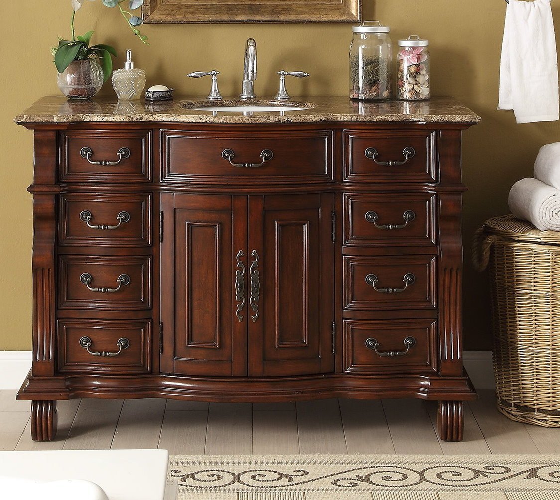 Chans Furniture GD-4437SB-50 50 inch Antique Style Cherry Wood Hopkinton Bathroom Sink Vanity Baltic Brown Stone Top