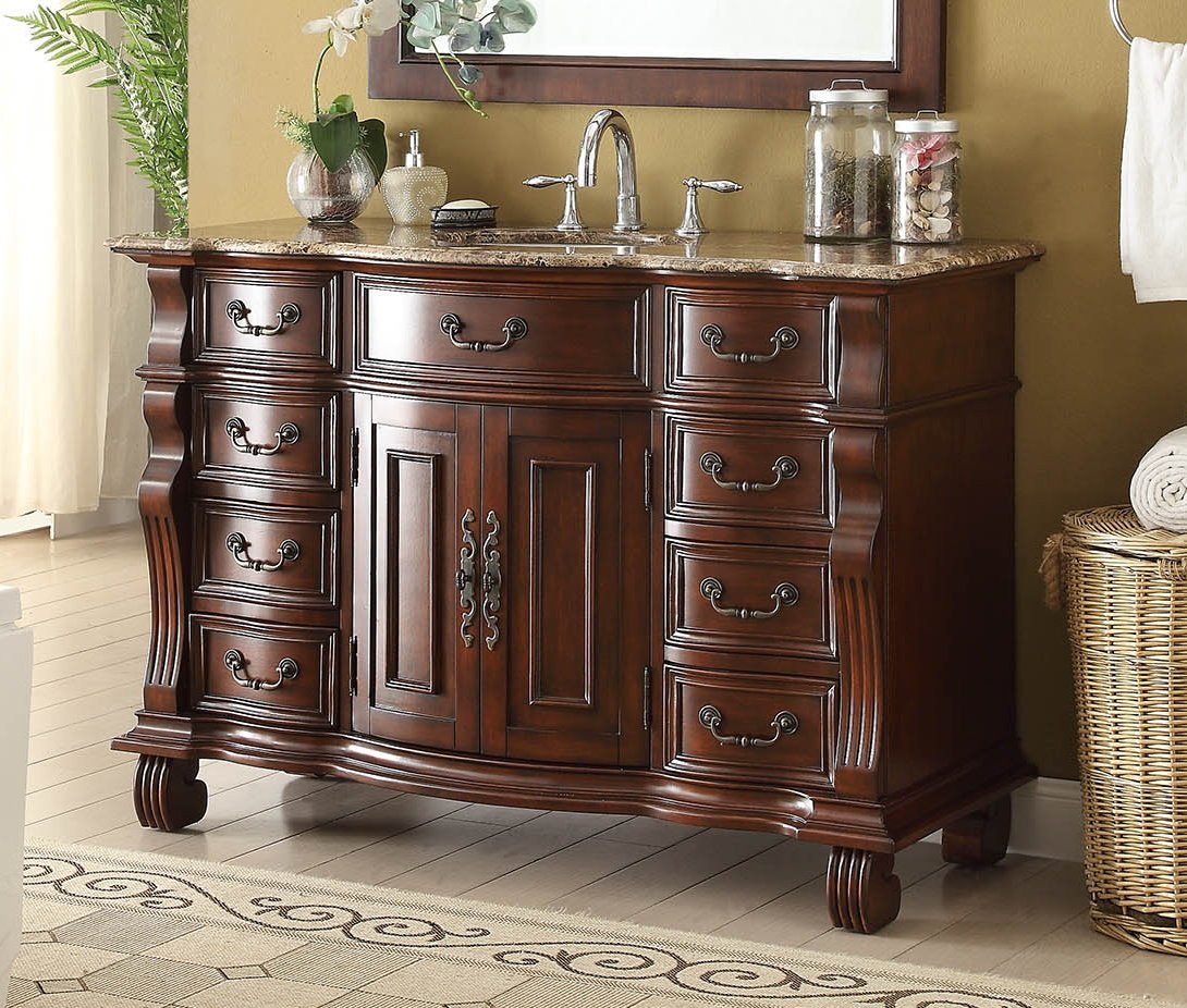 Chans Furniture GD-4437SB-50 50 inch Antique Style Cherry Wood Hopkinton Bathroom Sink Vanity Baltic Brown Stone Top