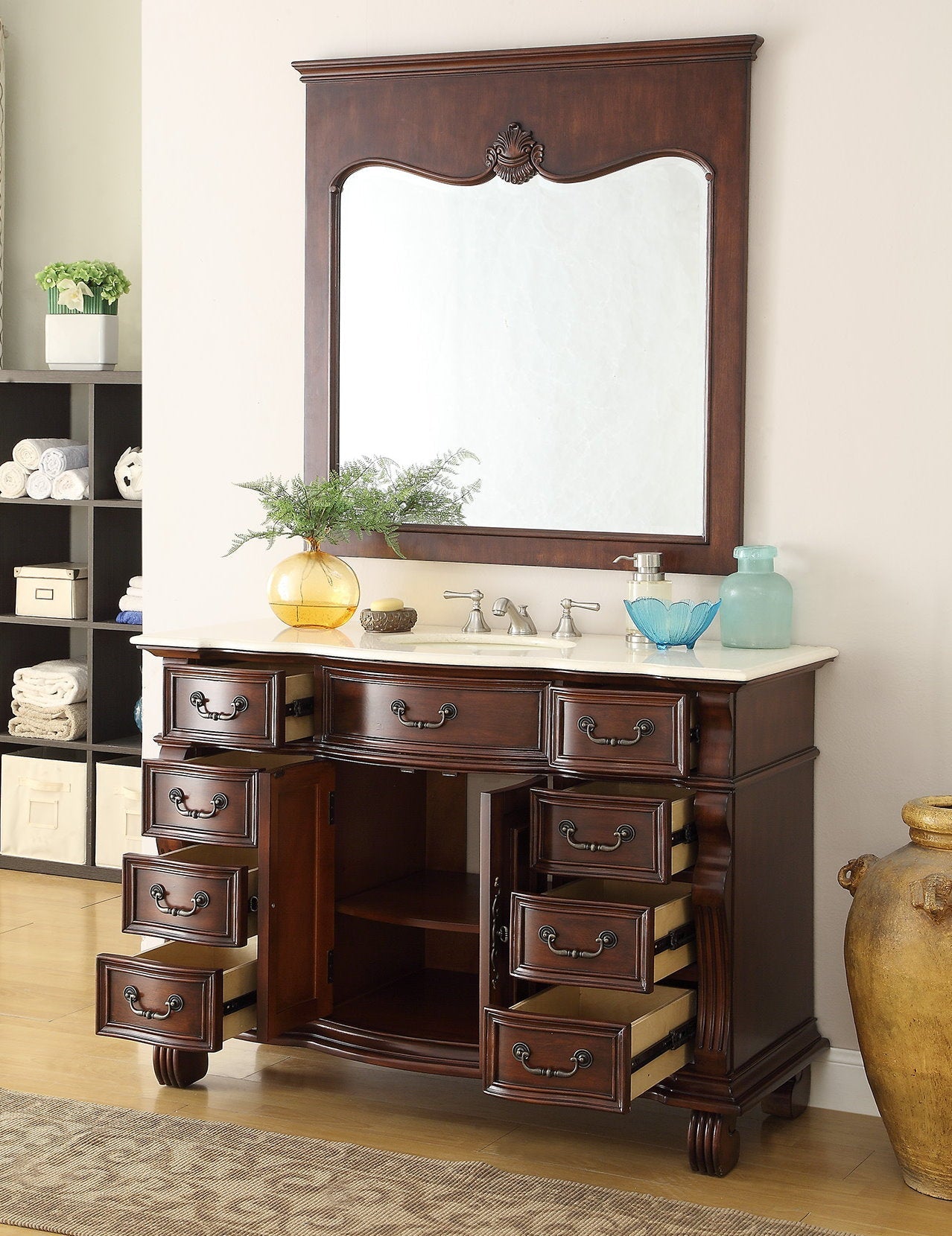 Chans Furniture GD-4437M-50 50 inch Antique Style Cherry Wood Hopkinton Bathroom Sink Vanity Creama Marble Top