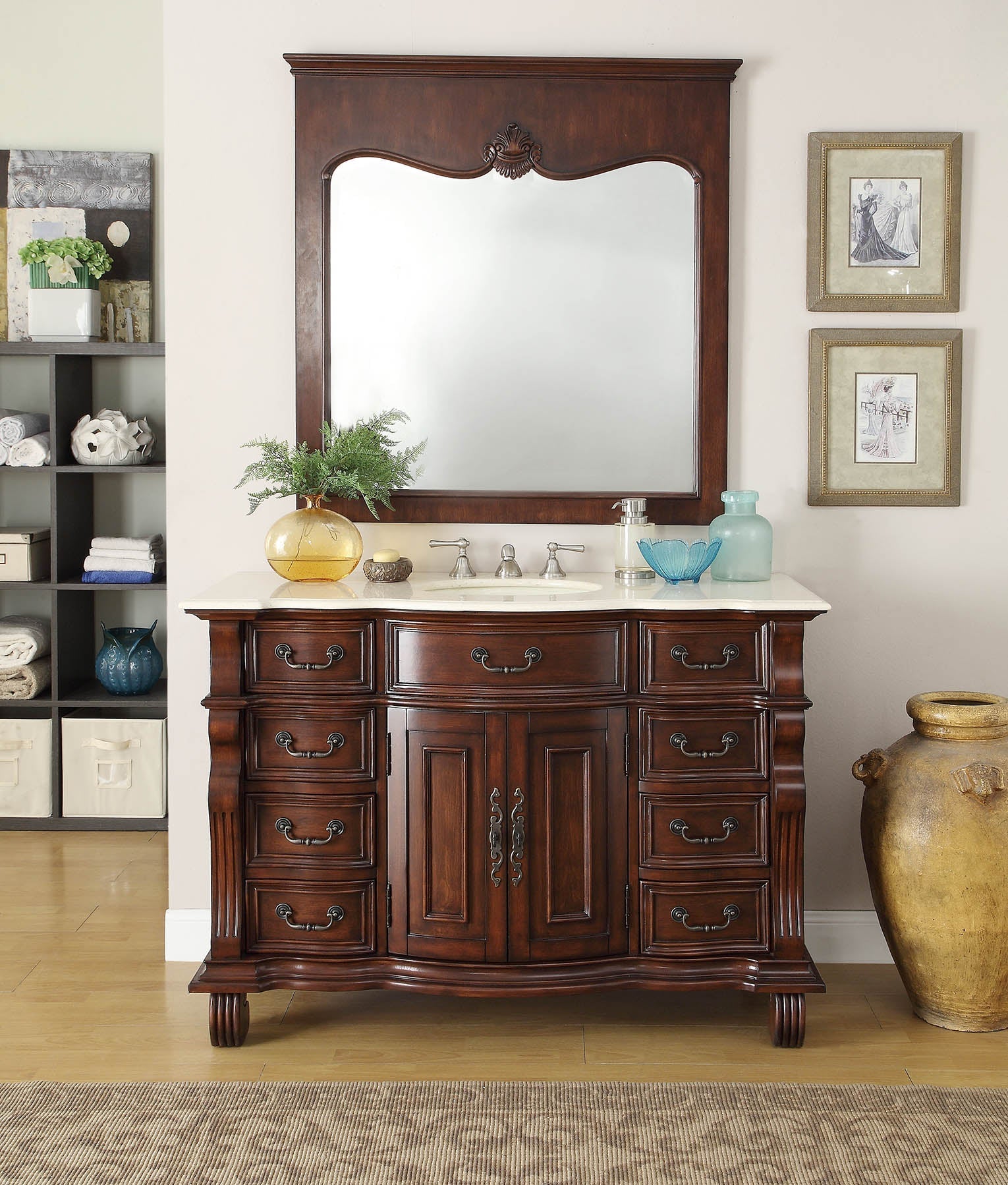 Chans Furniture GD-4437M-50 50 inch Antique Style Cherry Wood Hopkinton Bathroom Sink Vanity Creama Marble Top