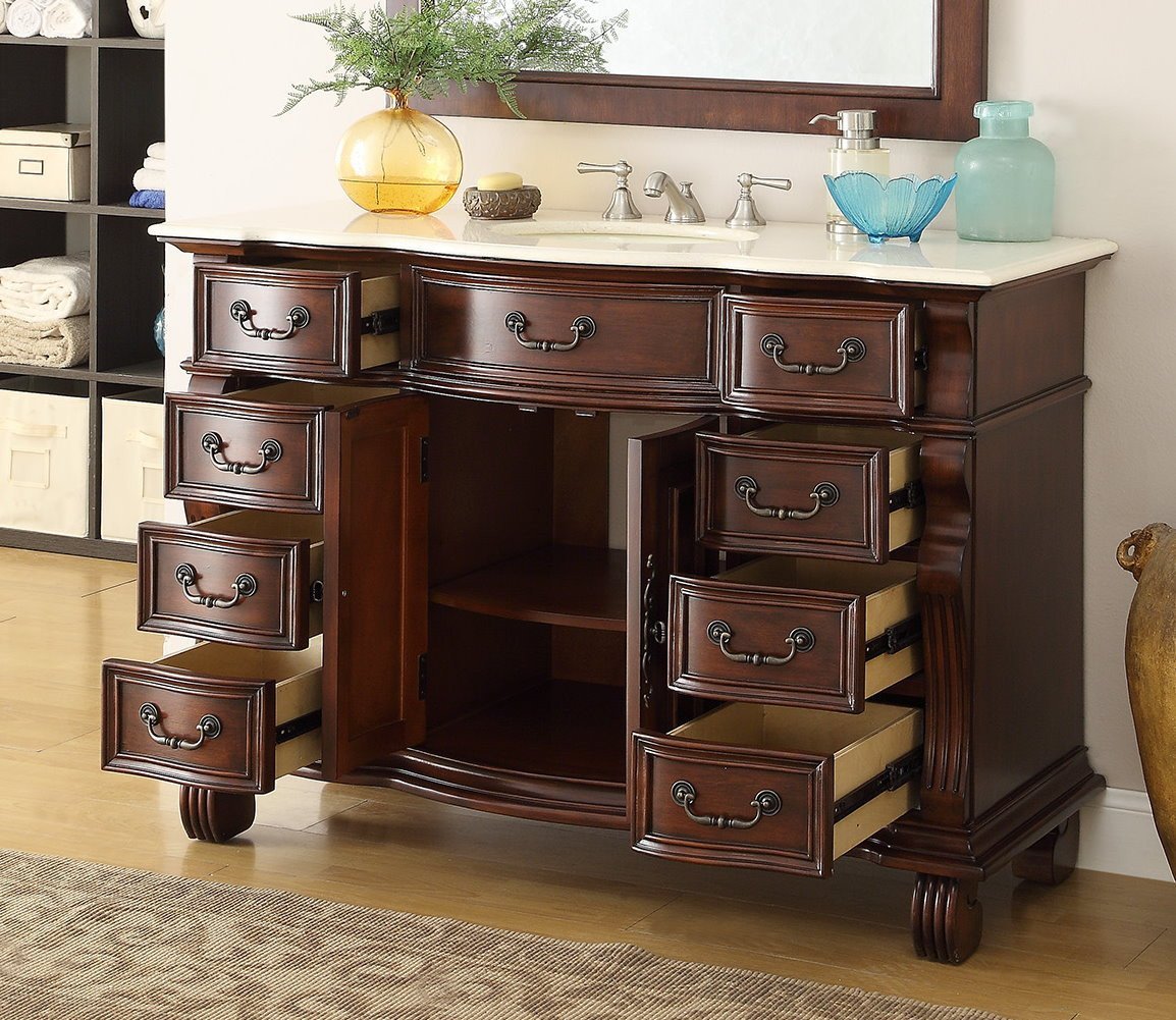 Chans Furniture GD-4437M-50 50 inch Antique Style Cherry Wood Hopkinton Bathroom Sink Vanity Creama Marble Top