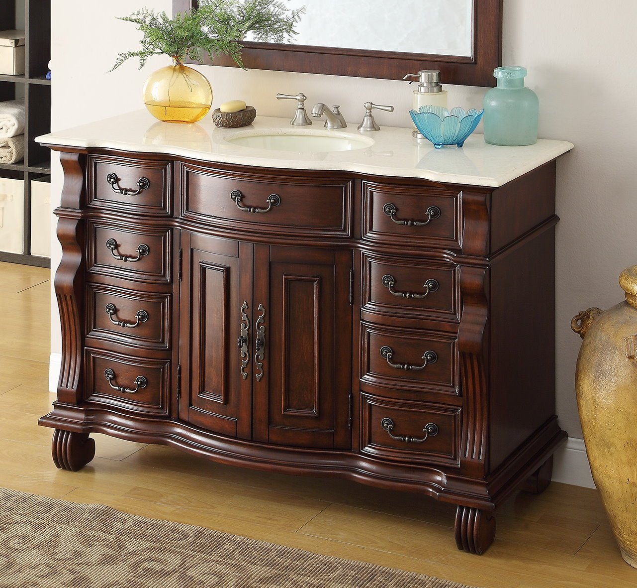 Chans Furniture GD-4437M-50 50 inch Antique Style Cherry Wood Hopkinton Bathroom Sink Vanity Creama Marble Top