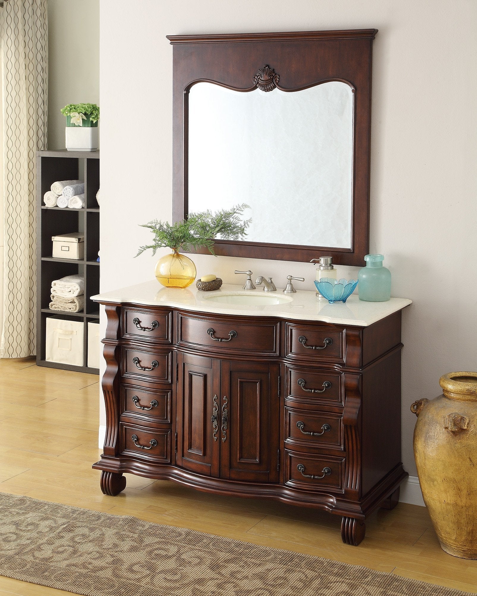 Chans Furniture GD-4437M-50 50 inch Antique Style Cherry Wood Hopkinton Bathroom Sink Vanity Creama Marble Top