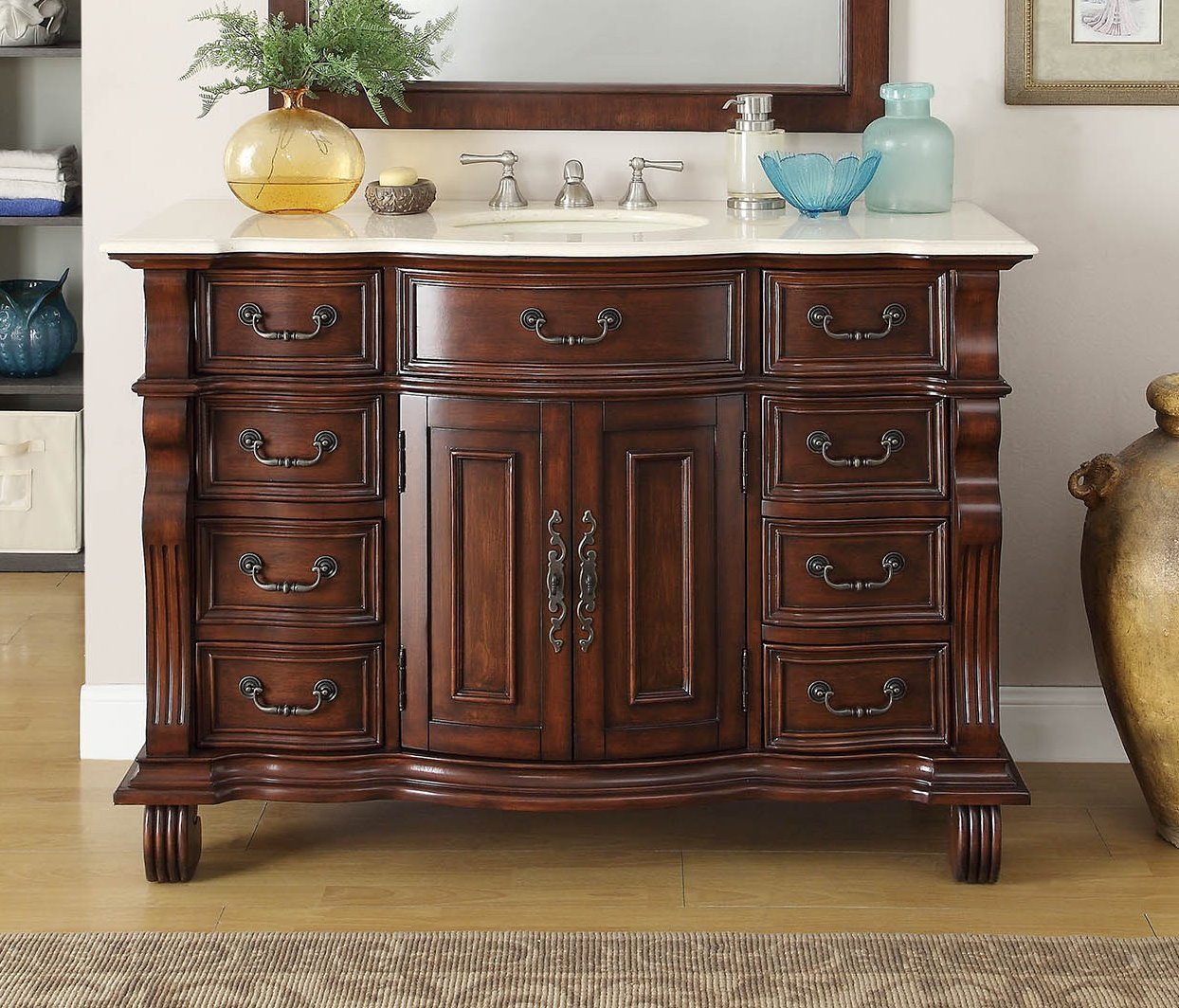 Chans Furniture GD-4437M-50 50 inch Antique Style Cherry Wood Hopkinton Bathroom Sink Vanity Creama Marble Top
