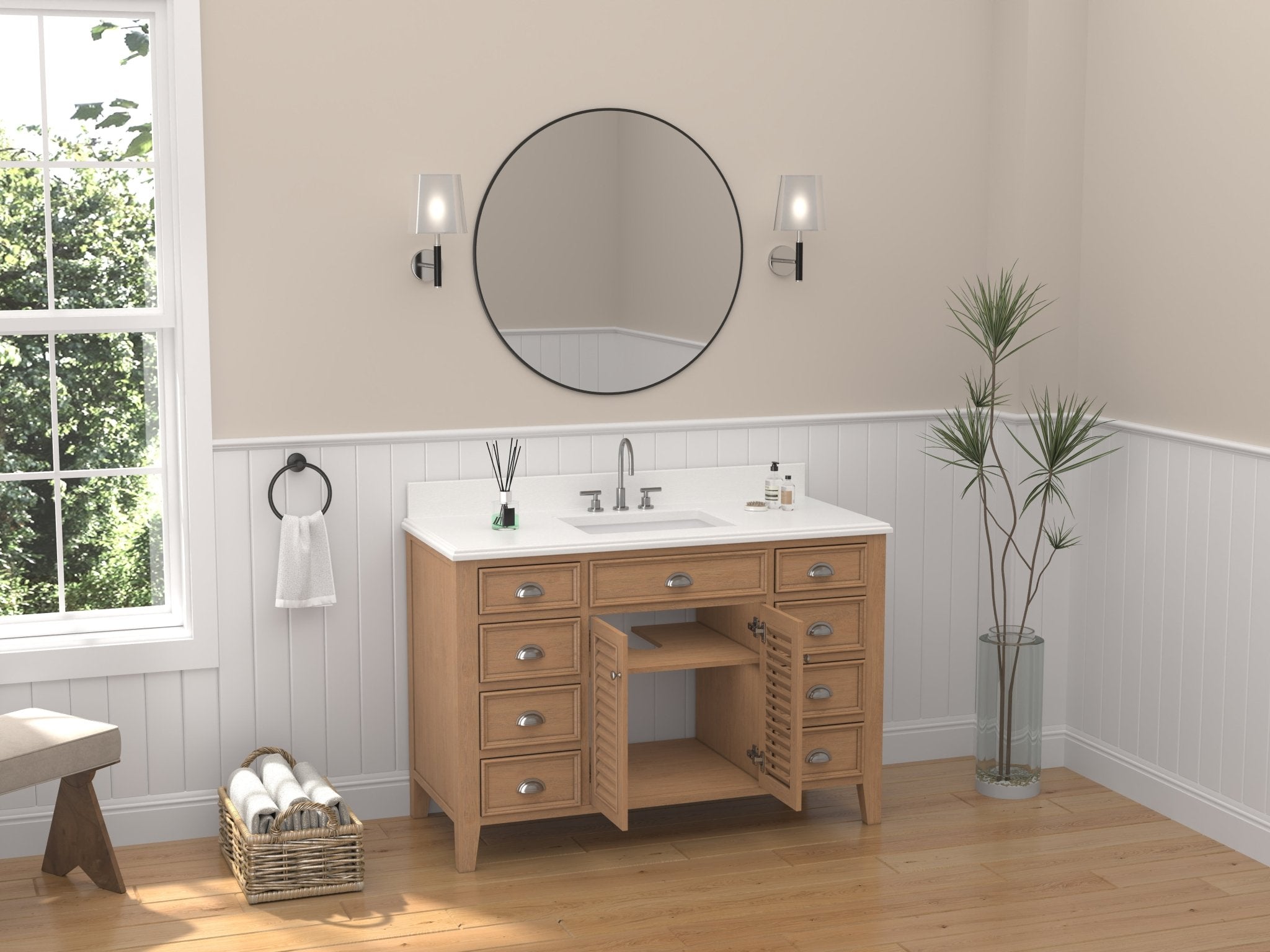 Chans Furniture GD-4028WD50-QT 50 Inch Contemporary Style Wood Finish Kalani Bathroom Vanity With White Quartz Top