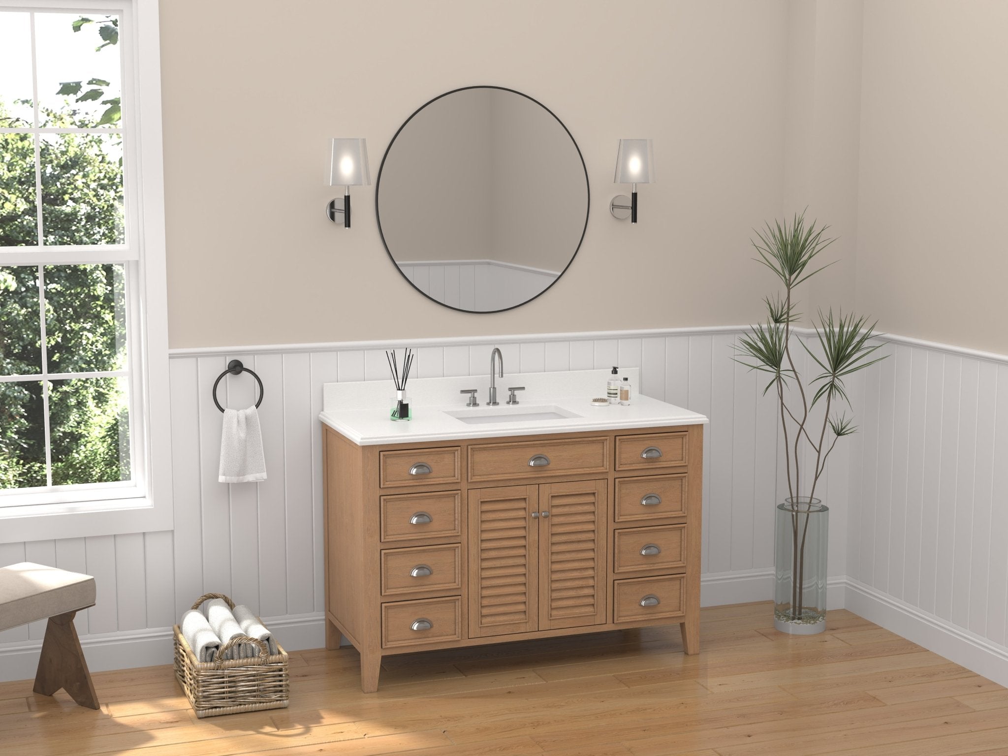 Chans Furniture GD-4028WD50-QT 50 Inch Contemporary Style Wood Finish Kalani Bathroom Vanity With White Quartz Top