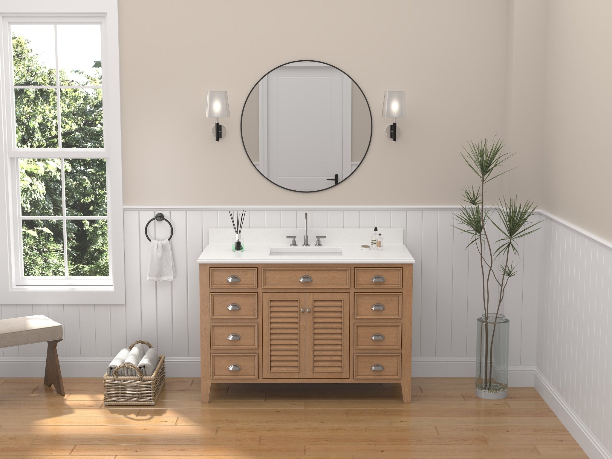 Chans Furniture GD-4028WD50-QT 50 Inch Contemporary Style Wood Finish Kalani Bathroom Vanity With White Quartz Top