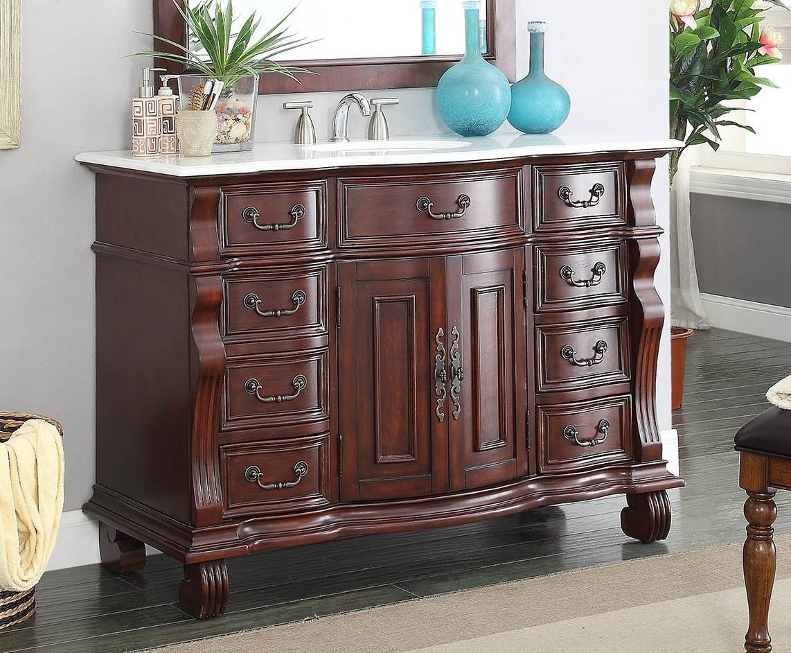 Chans Furniture GD-4437W-50 50 inch Antique Style Cherry Wood Hopkinton Bathroom Sink Vanity White Marble Top