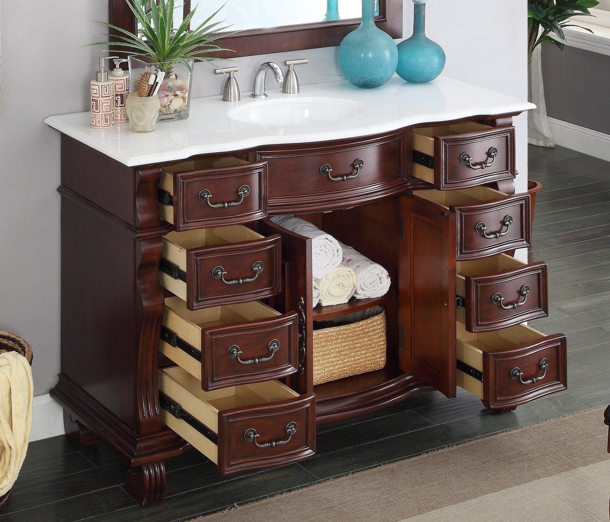 Chans Furniture GD-4437W-50 50 inch Antique Style Cherry Wood Hopkinton Bathroom Sink Vanity White Marble Top