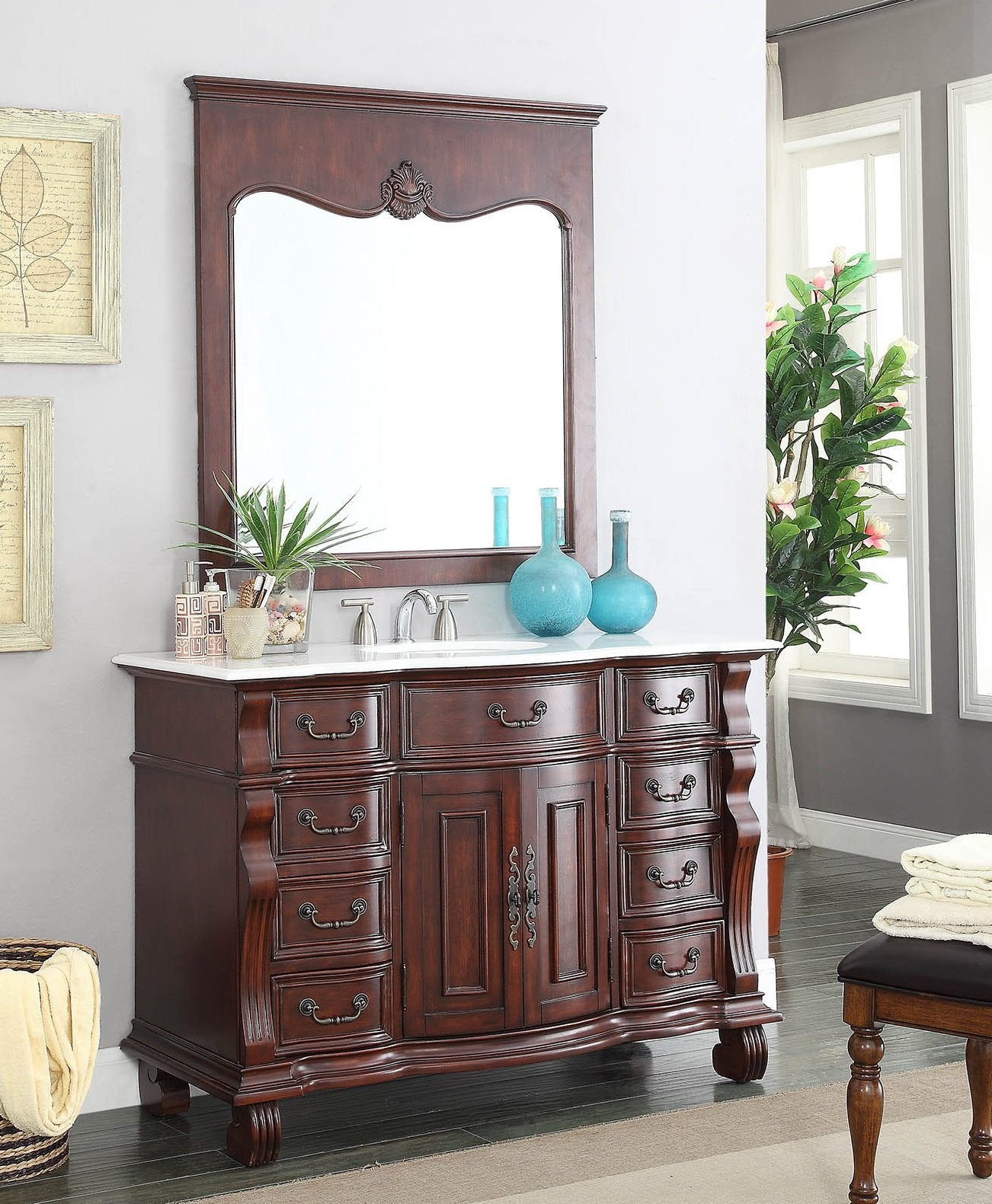 Chans Furniture GD-4437W-50 50 inch Antique Style Cherry Wood Hopkinton Bathroom Sink Vanity White Marble Top