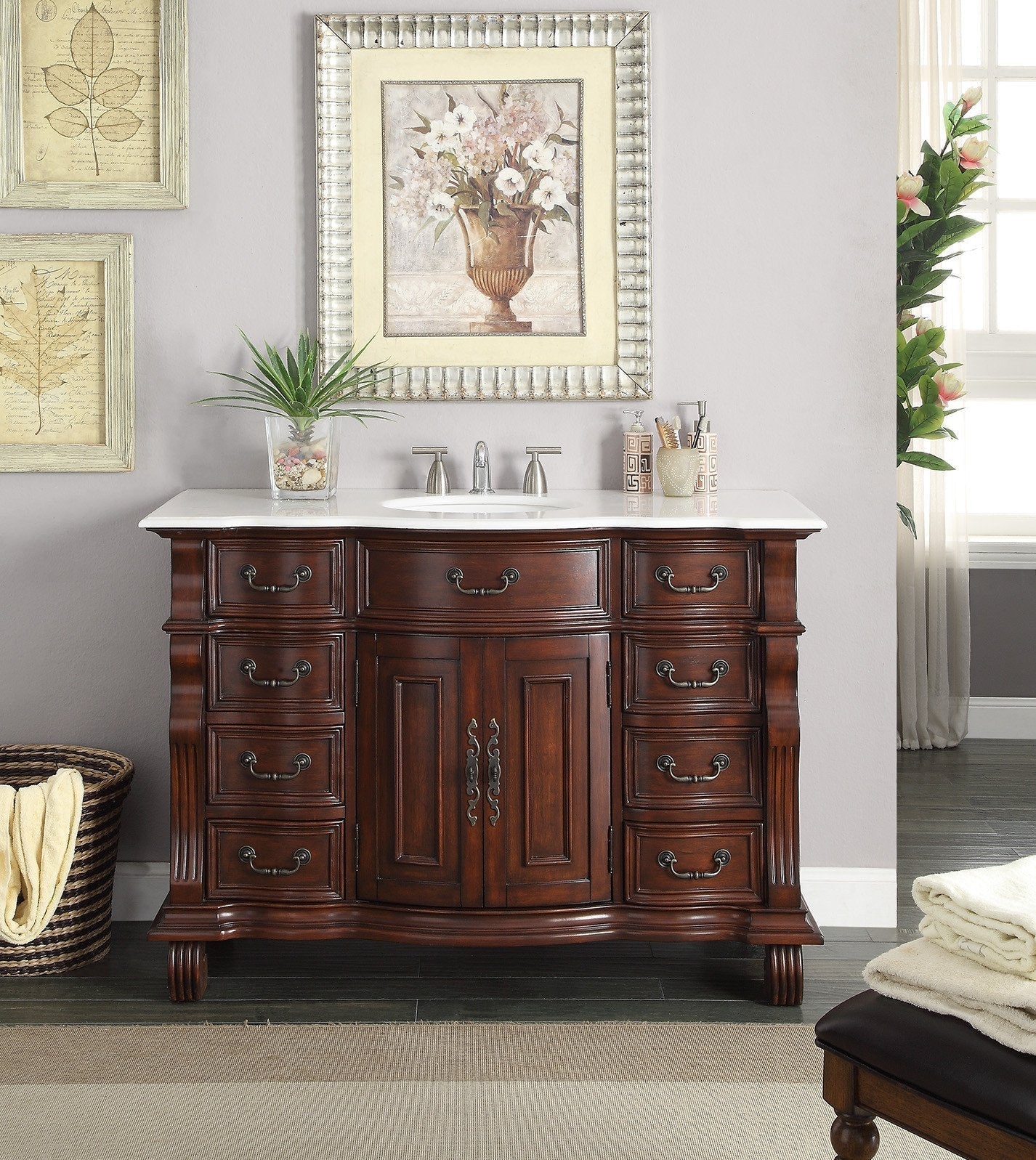 Chans Furniture GD-4437W-50 50 inch Antique Style Cherry Wood Hopkinton Bathroom Sink Vanity White Marble Top