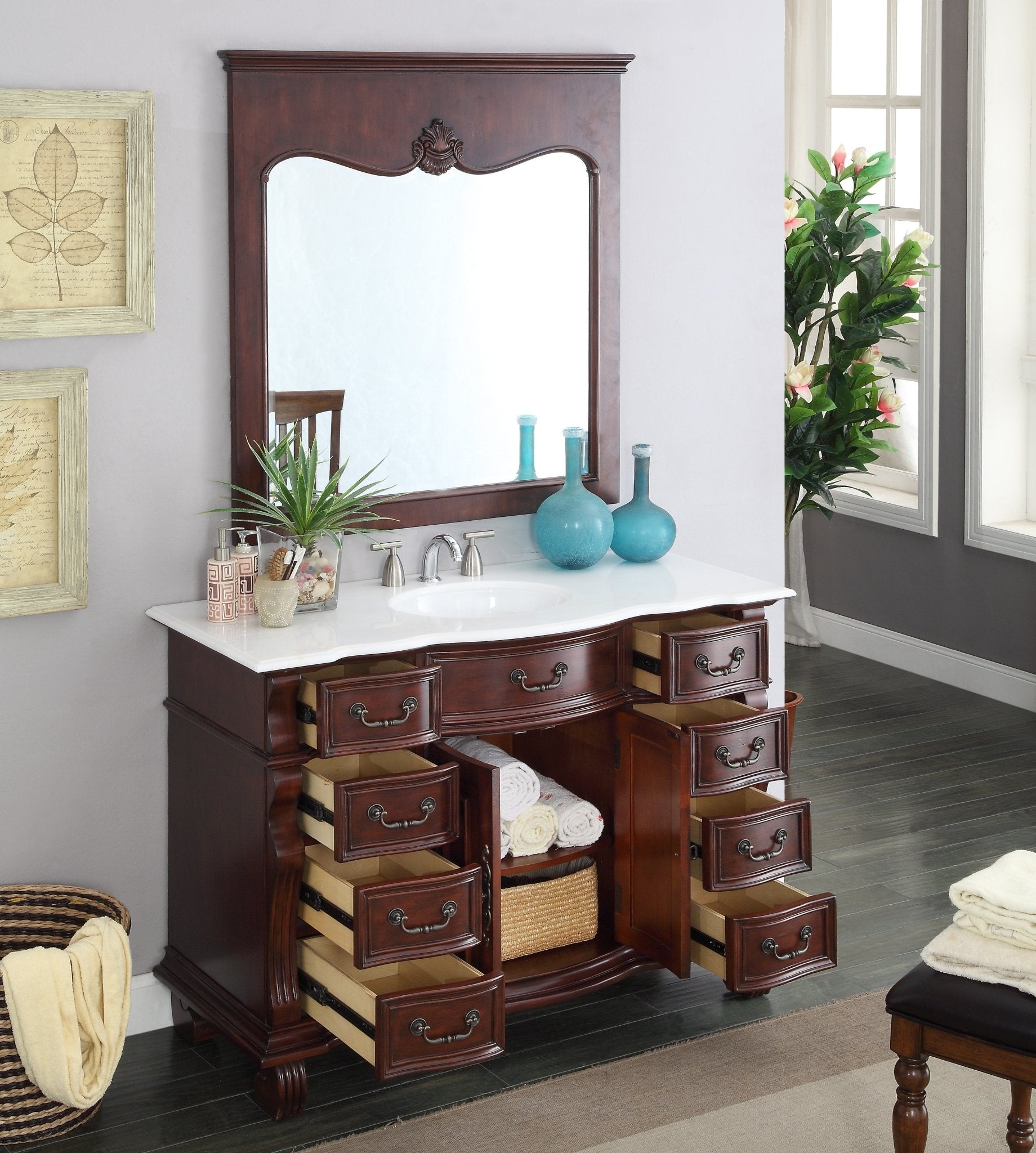 Chans Furniture GD-4437W-50 50 inch Antique Style Cherry Wood Hopkinton Bathroom Sink Vanity White Marble Top