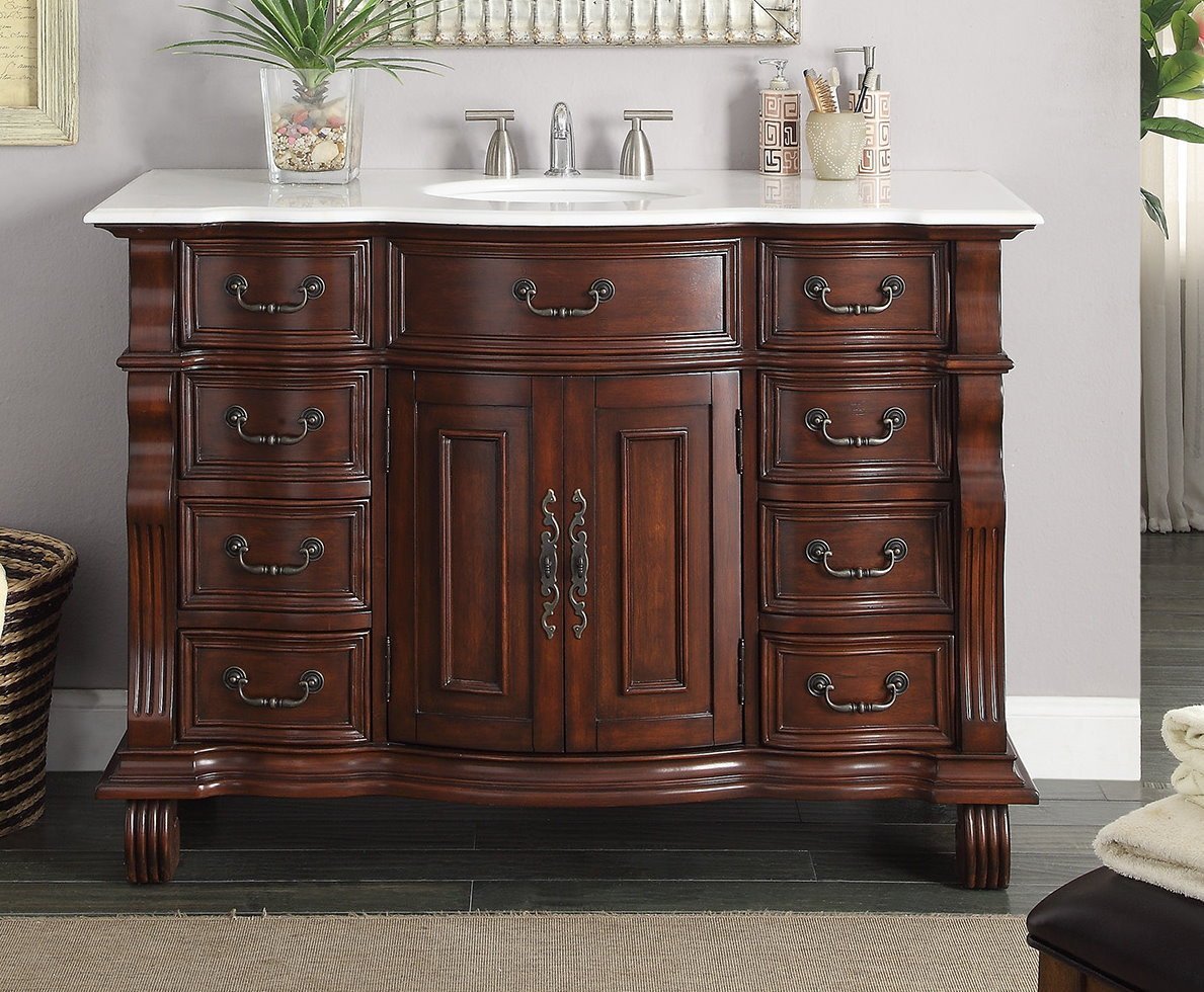 Chans Furniture GD-4437W-50 50 inch Antique Style Cherry Wood Hopkinton Bathroom Sink Vanity White Marble Top
