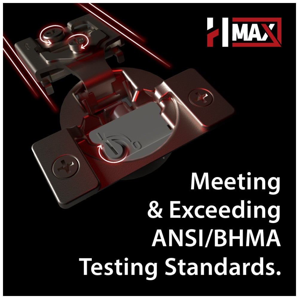 HR MAX™ 110° Full Overlay Cam Adjustable Standard Duty Free-Swinging Hinge with Press-in 8 mm Dowels