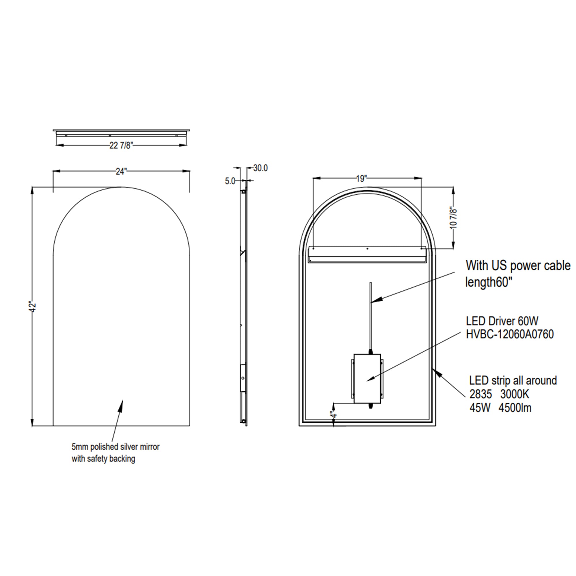 Arch Backlit Mirror With Touch Switch LED light - 5002 2442 ML