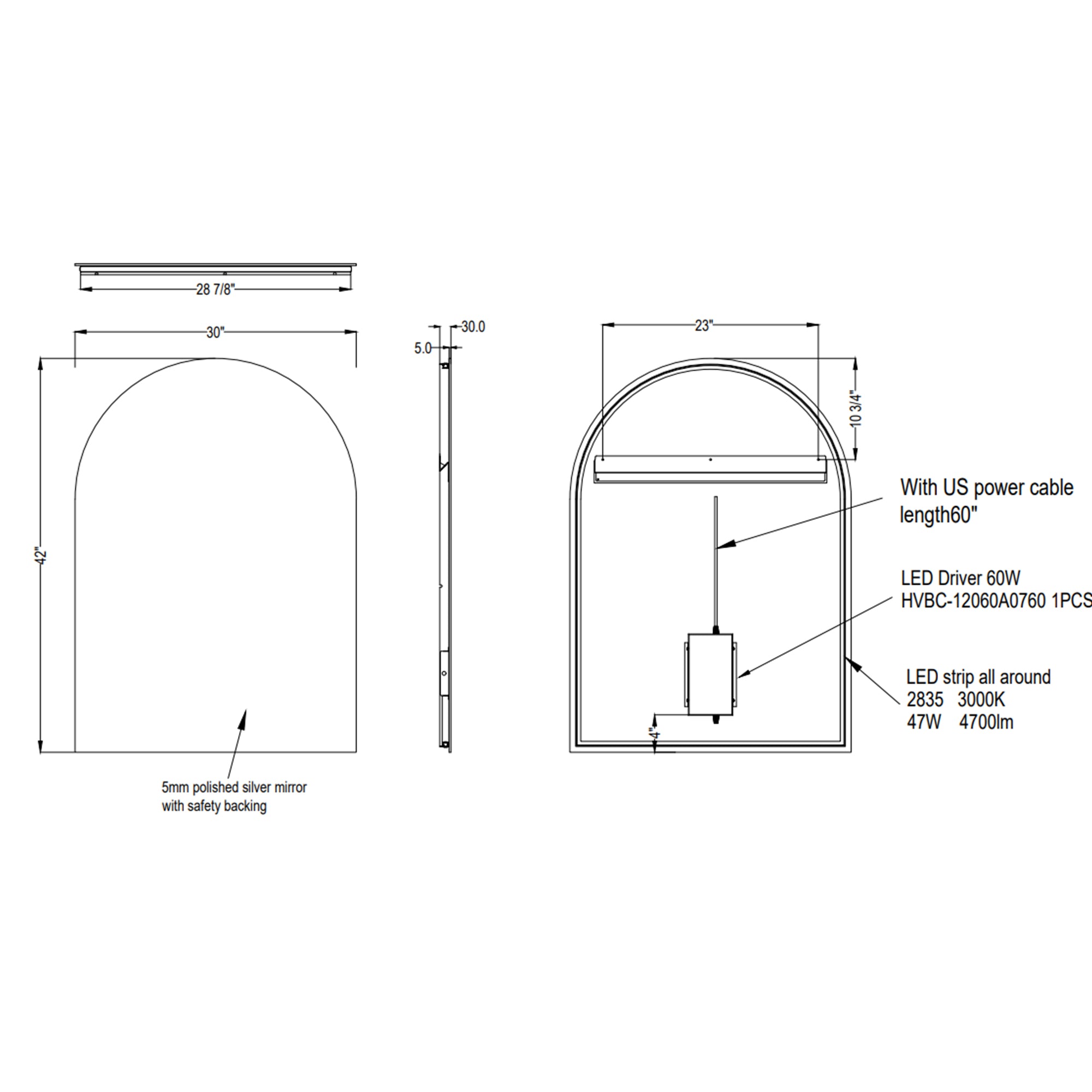 Arch Backlit Mirror With Touch Switch LED light - 5002 3042 ML