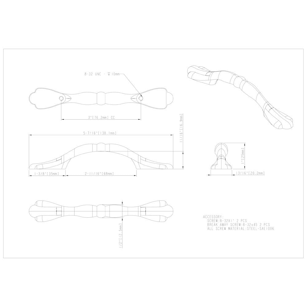 Hardware Resources 3" Center-to-Center Satin Nickel Arcadia Cabinet Pull