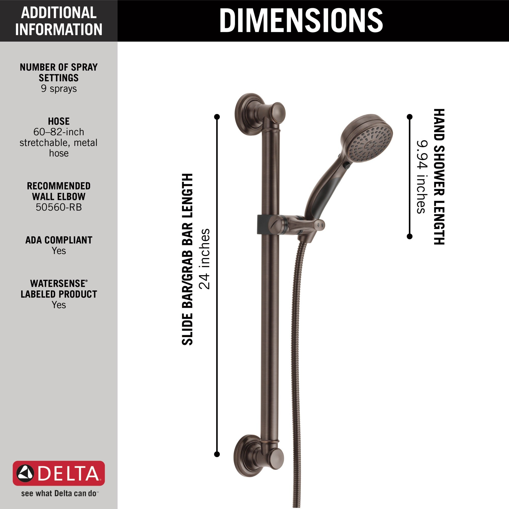 Delta Universal Showering Components ActivTouch® 9-Setting Hand Shower with Traditional Slide Bar / Grab Bar