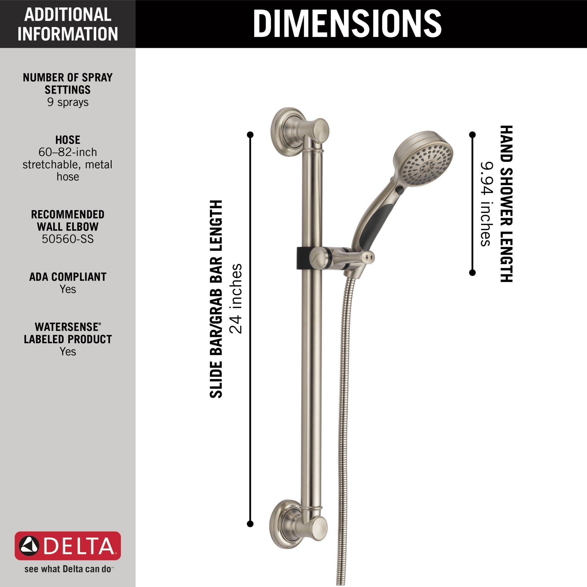 Delta Universal Showering Components ActivTouch® 9-Setting Hand Shower with Traditional Slide Bar / Grab Bar
