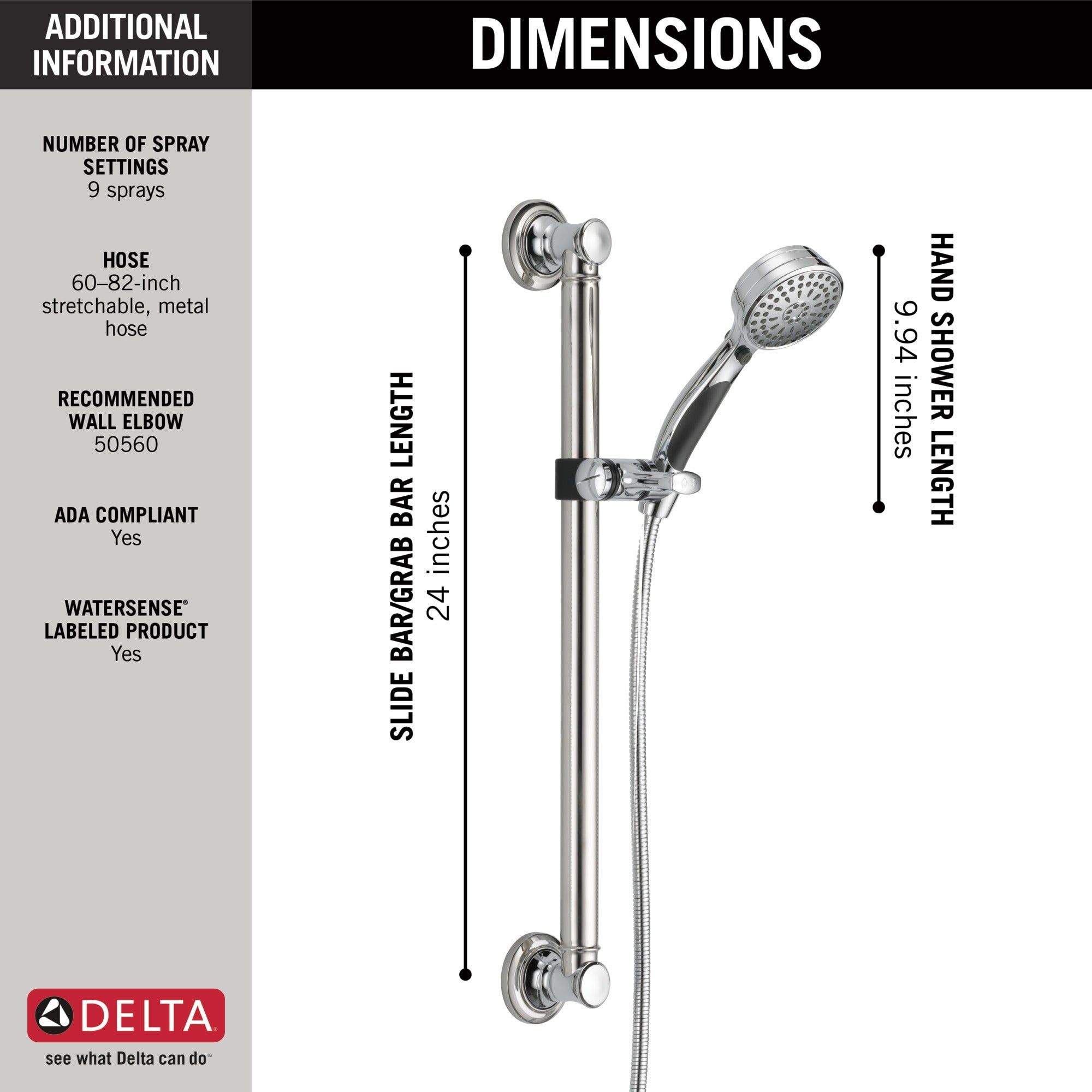 Delta Universal Showering Components ActivTouch® 9-Setting Hand Shower with Traditional Slide Bar / Grab Bar