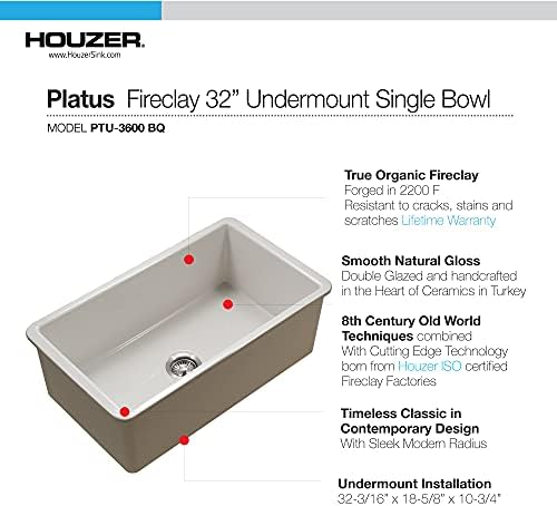 Houzer Platus 32 inch White Fireclay Undermount Single Bowl Kitchen Sink