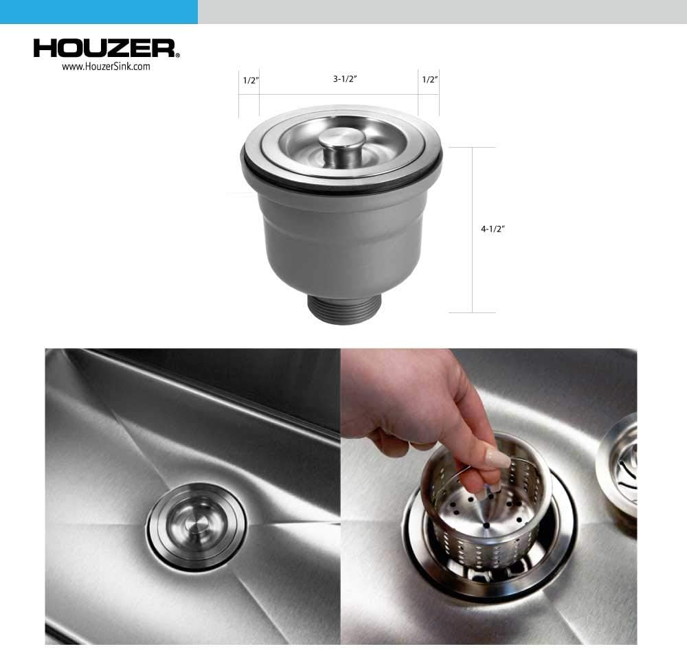Houzer 3-1/2" Stainless Steel Deep Cup Basket Strainer with EZ Grip