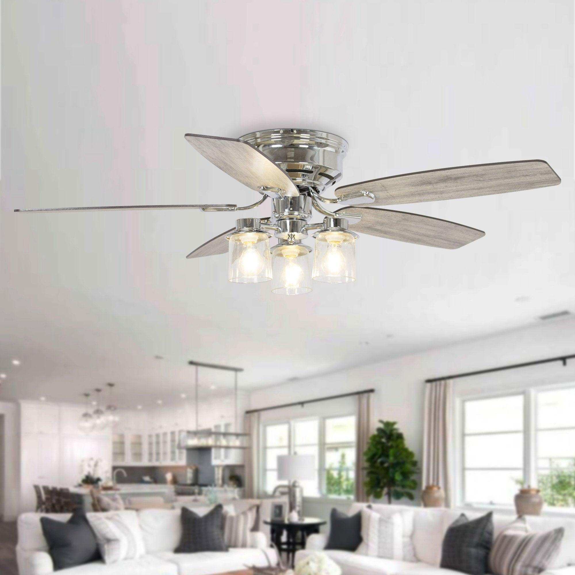 52" Bangatore Traditional Chrome Flush Mount Reversible Ceiling Fan with Lighting and Remote Control