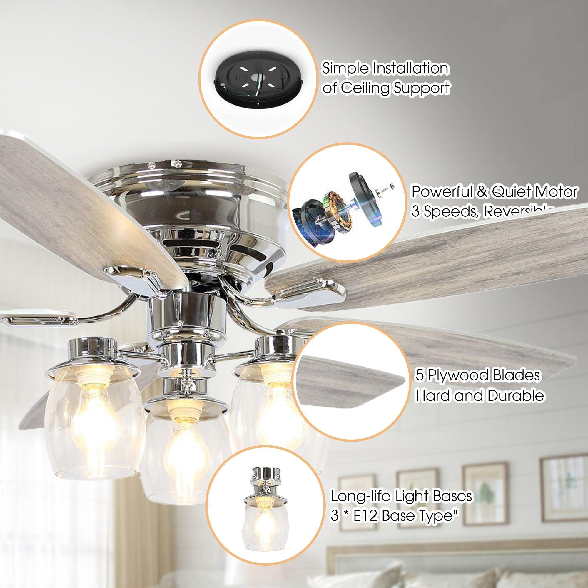 52" Bangatore Traditional Chrome Flush Mount Reversible Ceiling Fan with Lighting and Remote Control