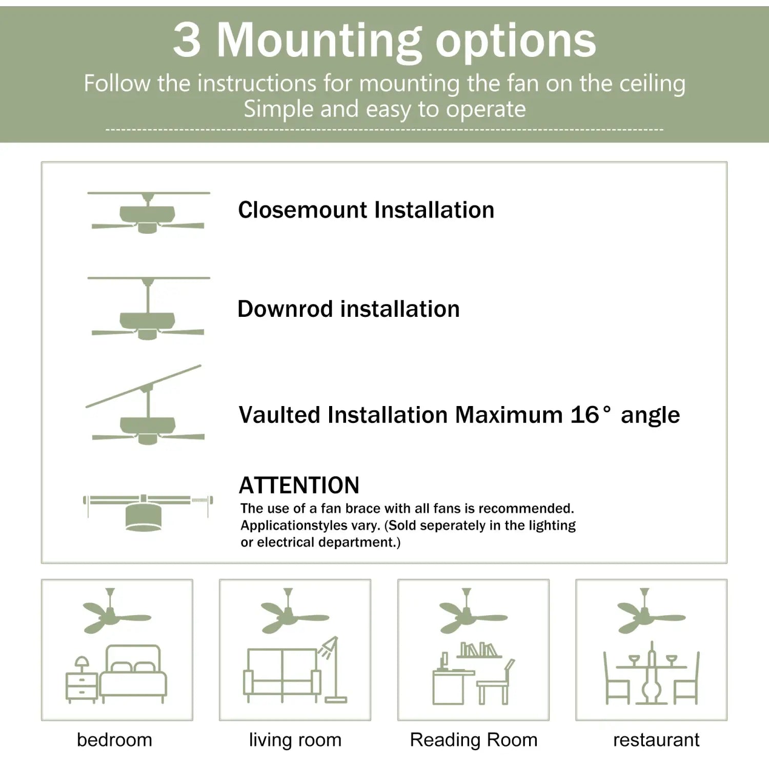52” Ceiling Fan with Remote, Reversible DC Motor, 3 Wood Blades
