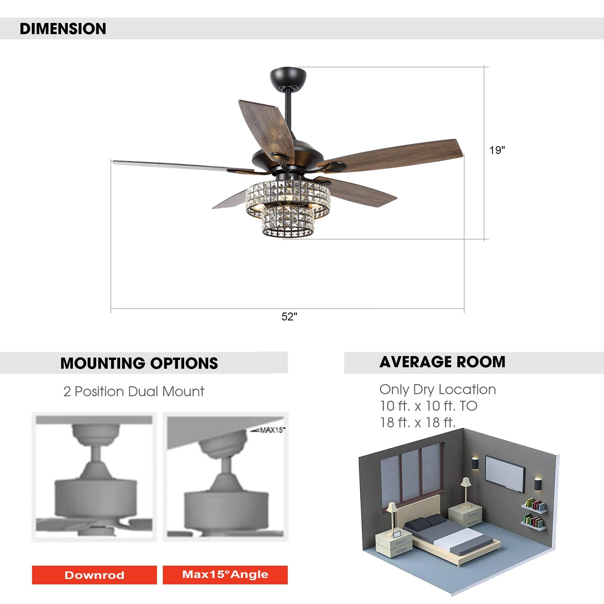 52" Nowthen Modern Crystal Chandelier Ceiling Fan With Led Light And Remote Control 5 Blades Chrome
