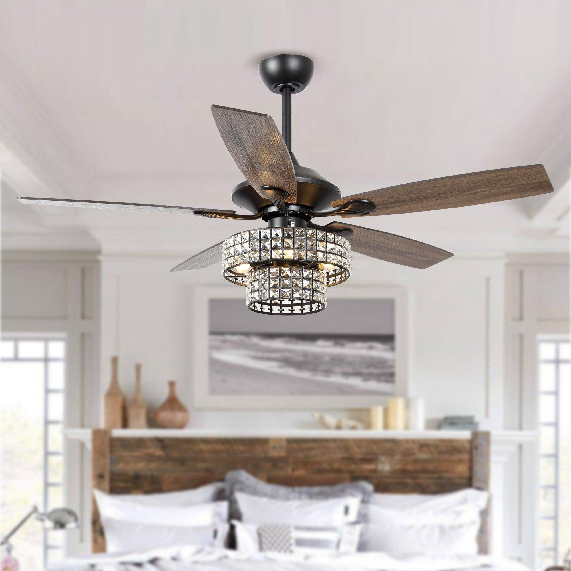 52" Nowthen Modern Crystal Chandelier Ceiling Fan With Led Light And Remote Control 5 Blades Chrome