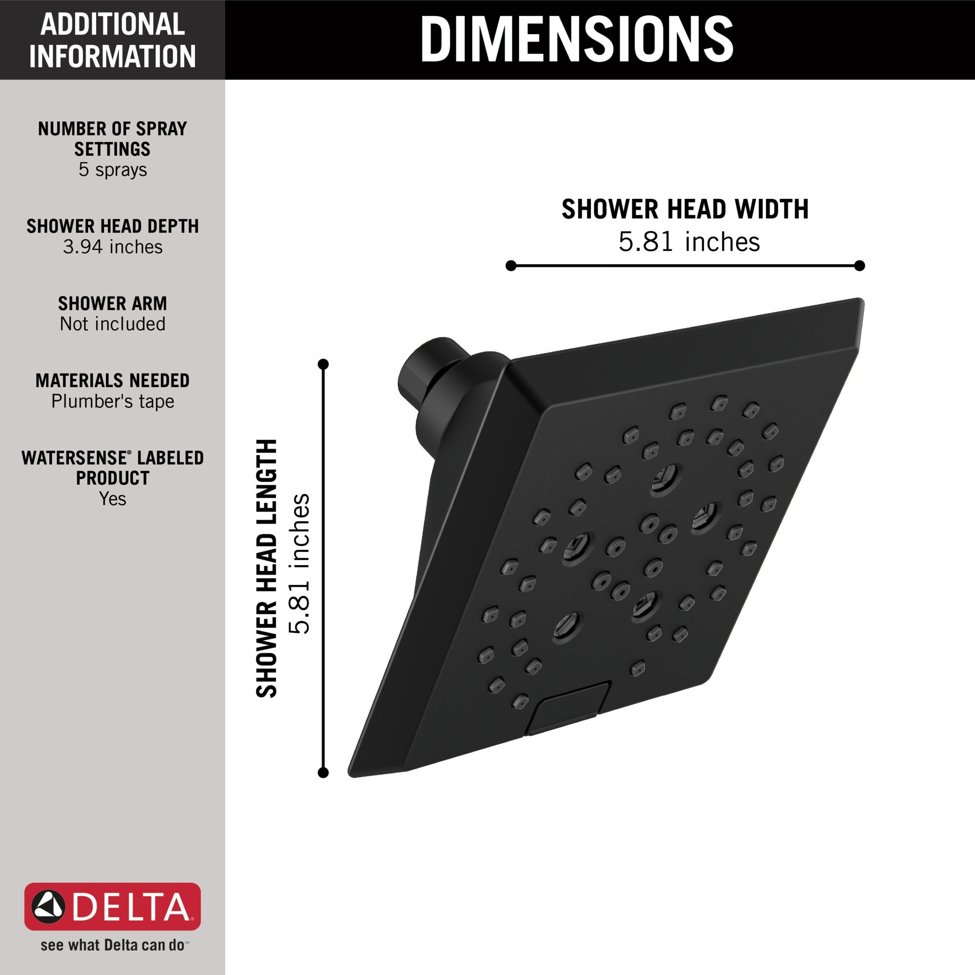 Delta Universal Showering Components H2OKinetic® 5-Setting Angular Modern Raincan Shower Head