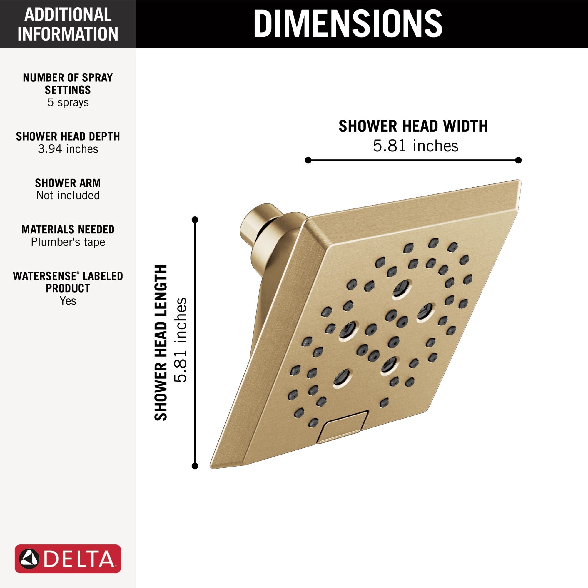 Delta Universal Showering Components H2OKinetic® 5-Setting Angular Modern Raincan Shower Head