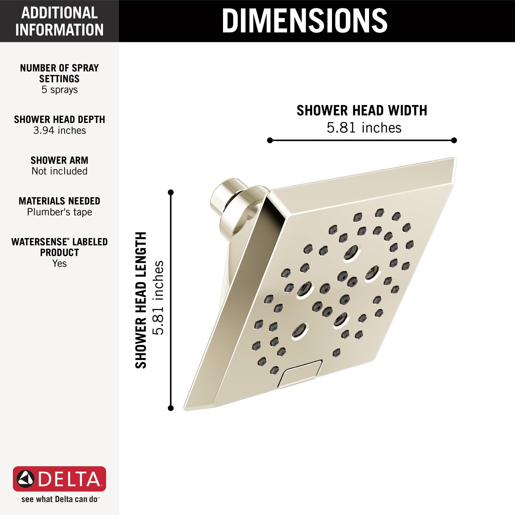 Delta Universal Showering Components H2OKinetic® 5-Setting Angular Modern Raincan Shower Head
