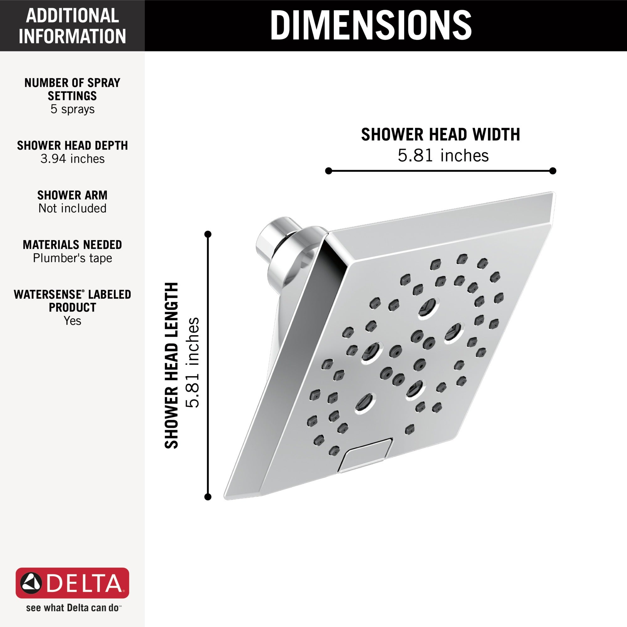 Delta Universal Showering Components H2OKinetic® 5-Setting Angular Modern Raincan Shower Head