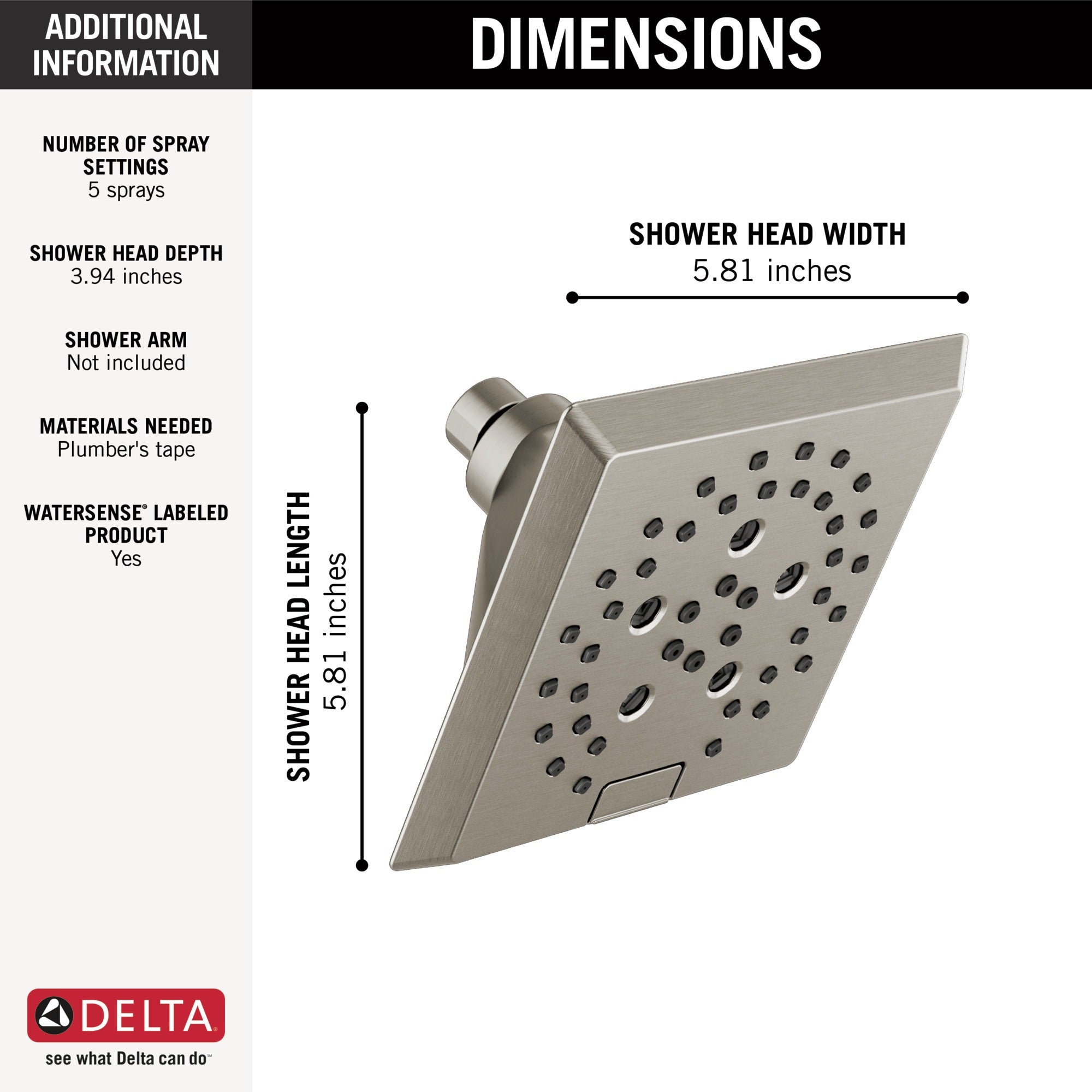 Delta Universal Showering Components H2OKinetic® 5-Setting Angular Modern Raincan Shower Head