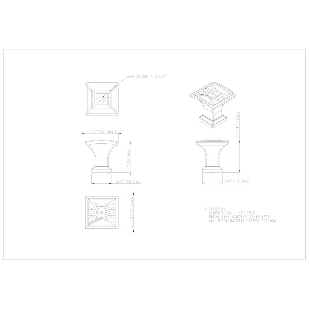 Hardware Resources 1-1/4" Overall Length Square Geometric Pattern Aberdeen Cabinet Knob