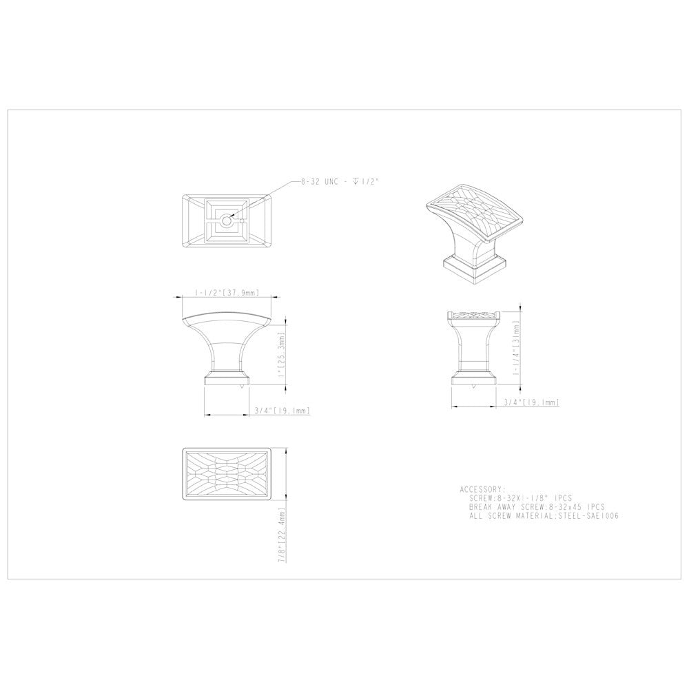 Hardware Resources 1-1/2" Overall Length Satin Nickel Rectangle Geometric Pattern Aberdeen Cabinet Knob