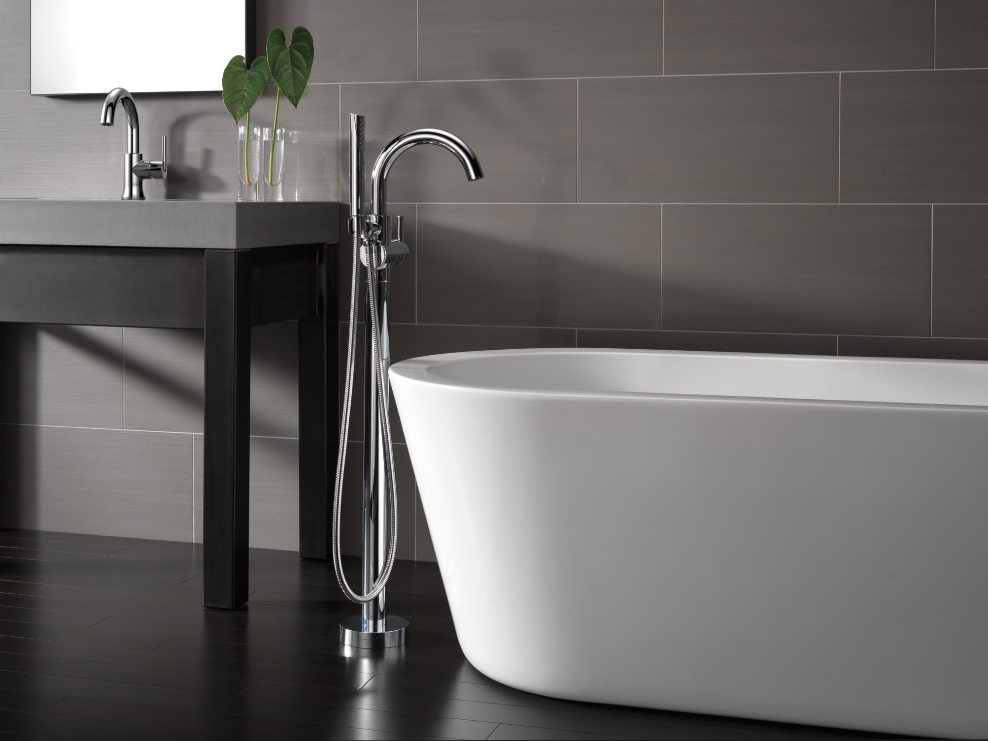 Delta Trinsic® Single Handle Floor Mount Tub Filler Trim with Hand Shower
