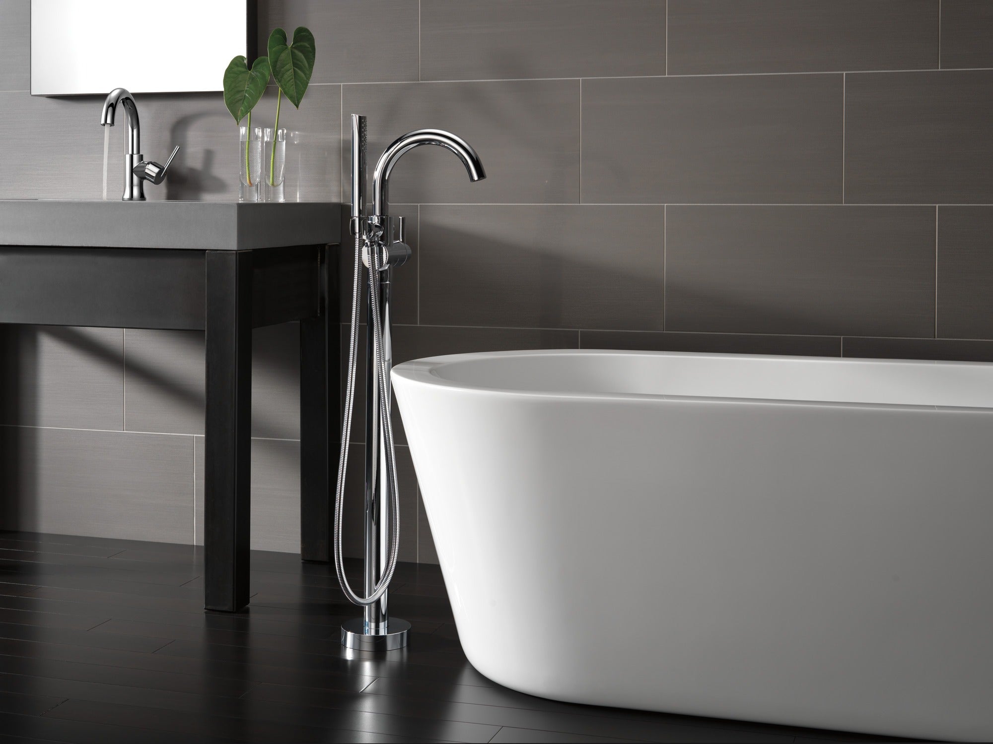 Delta Trinsic® Single Handle Floor Mount Tub Filler Trim with Hand Shower
