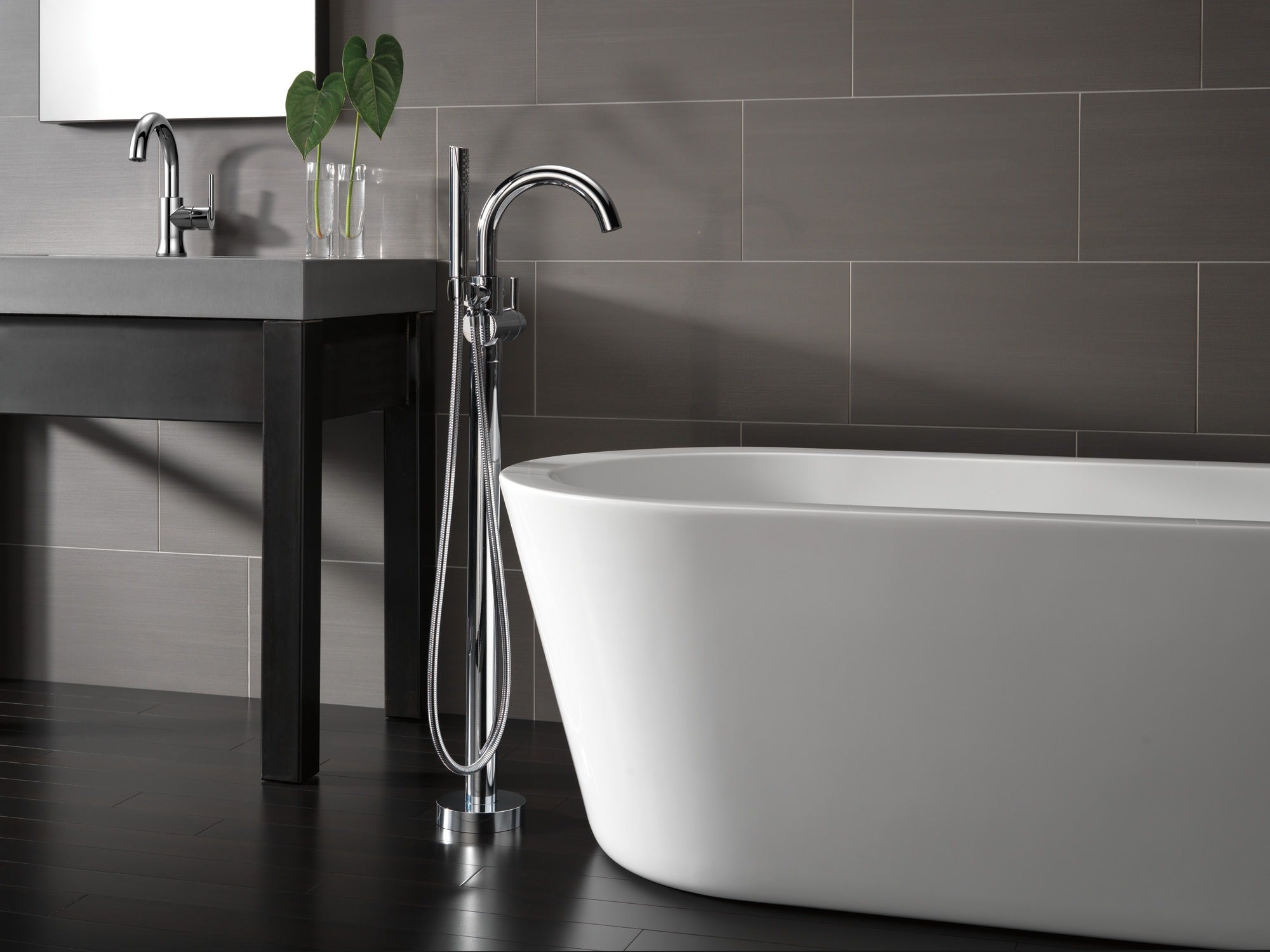 Delta Trinsic® Single Handle Floor Mount Tub Filler Trim with Hand Shower