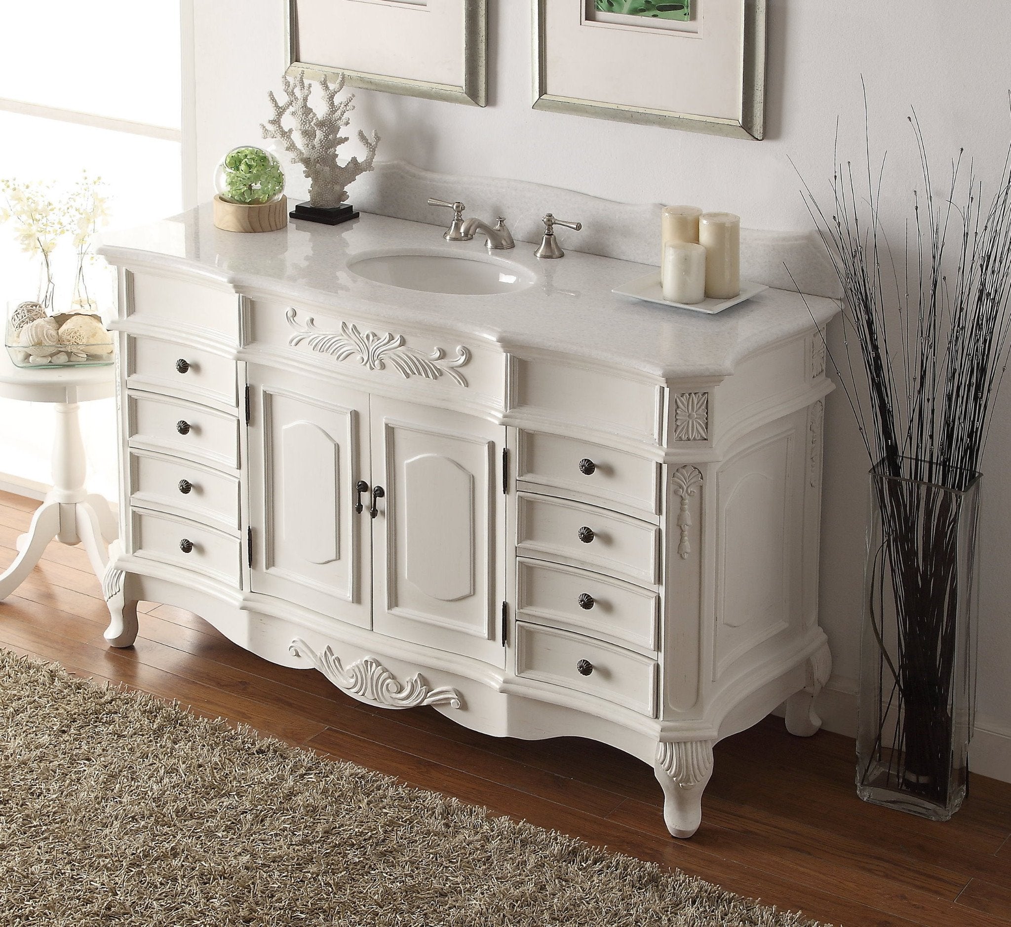 Chans Furniture HF-2815W-AW-56 56" Antique white Morton Bathroom Sink Vanity
