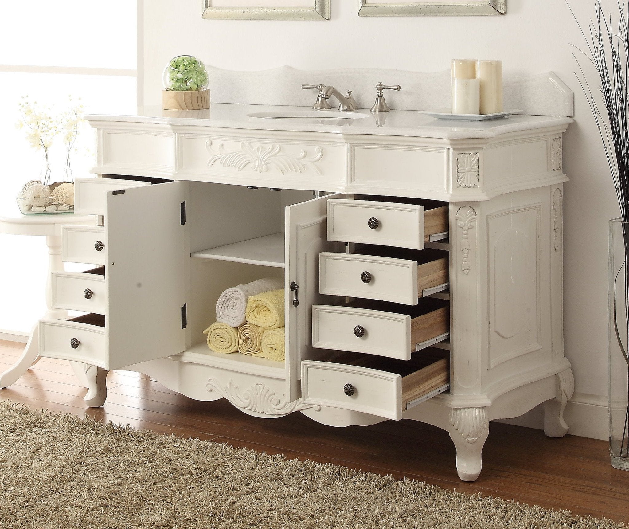 Chans Furniture HF-2815W-AW-56 56" Antique white Morton Bathroom Sink Vanity