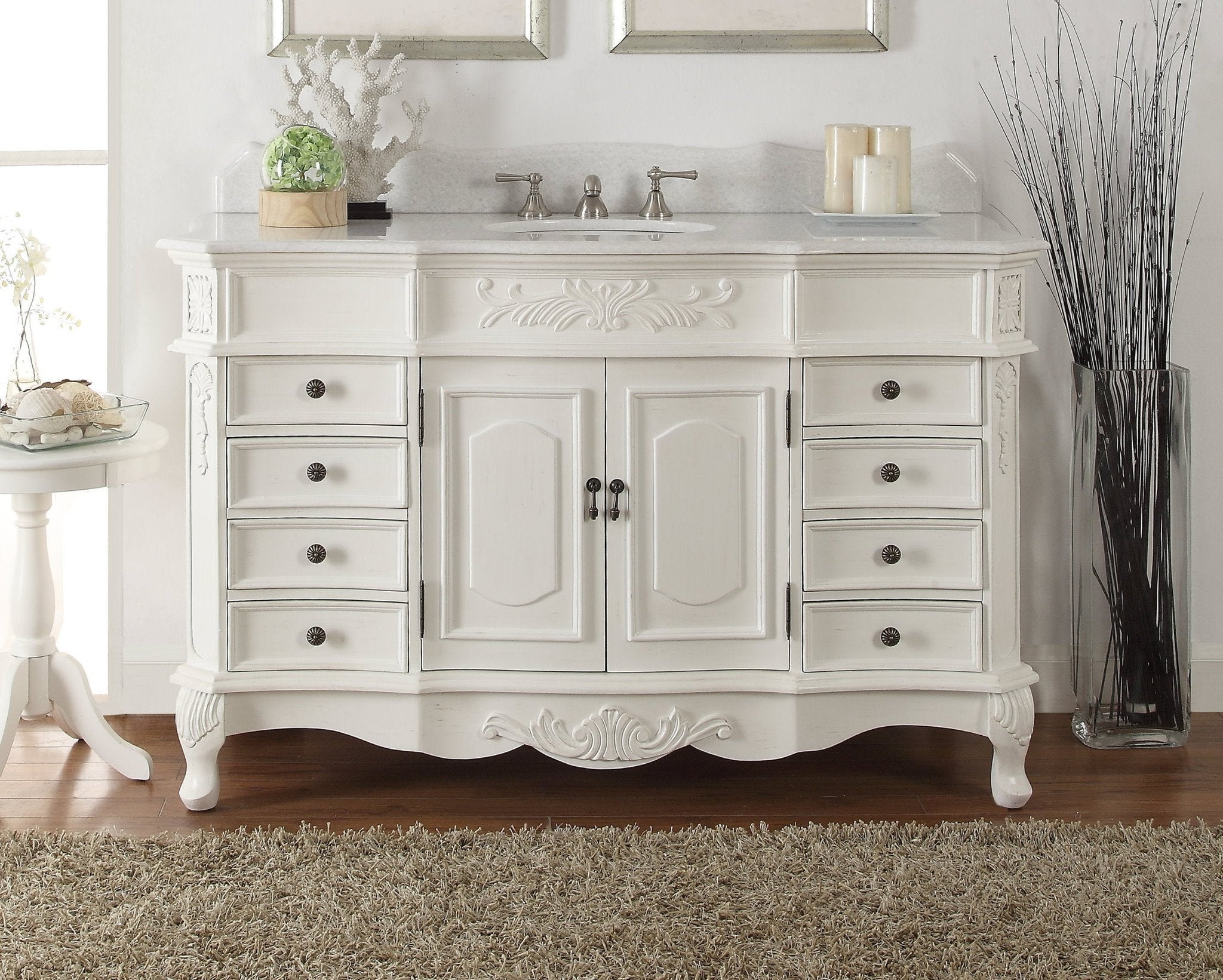Chans Furniture HF-2815W-AW-56 56" Antique white Morton Bathroom Sink Vanity