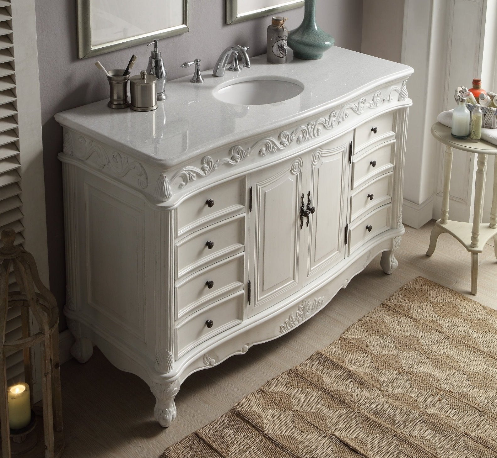 Chans Furniture CF-3882W-AW-56 56 Inch Antique White Traditional Style Single Sink Beckham Bathroom Vanity