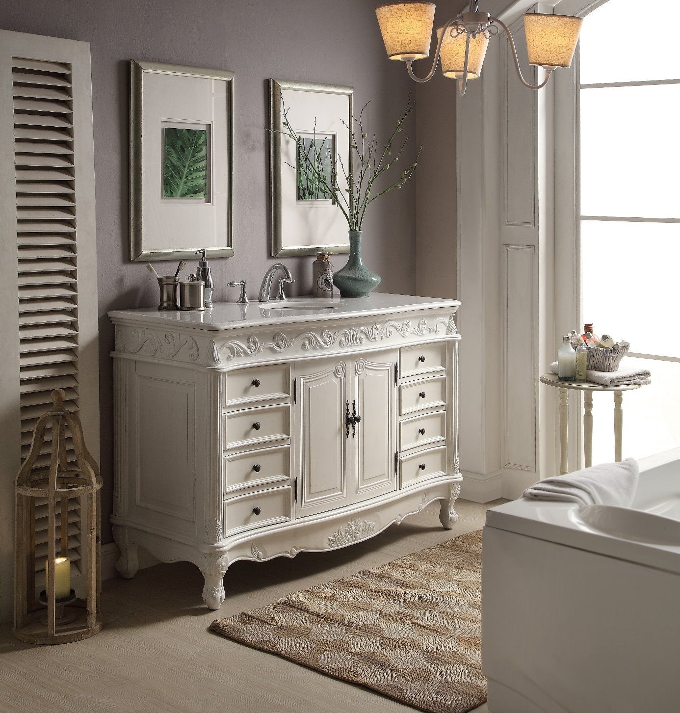 Chans Furniture CF-3882W-AW-56 56 Inch Antique White Traditional Style Single Sink Beckham Bathroom Vanity