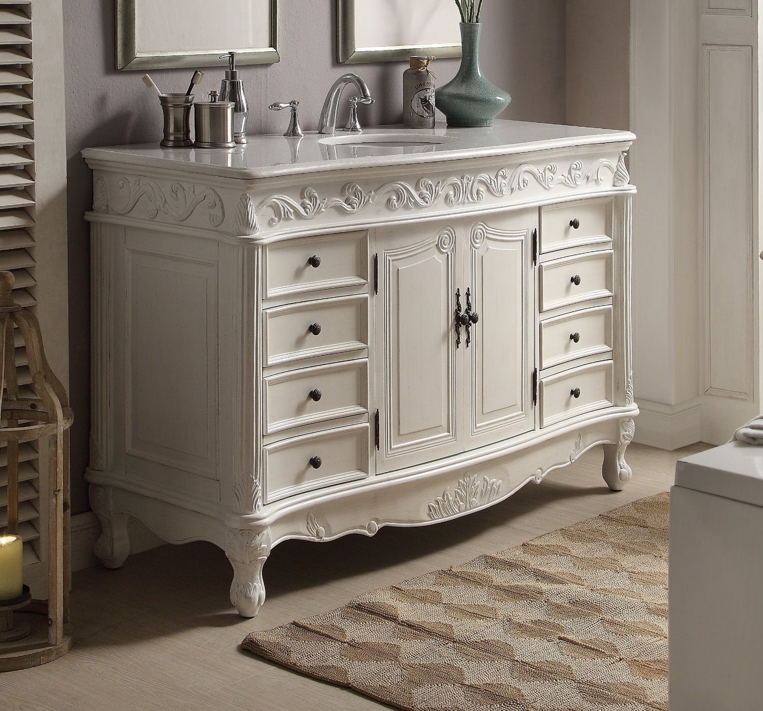 Chans Furniture CF-3882W-AW-56 56 Inch Antique White Traditional Style Single Sink Beckham Bathroom Vanity