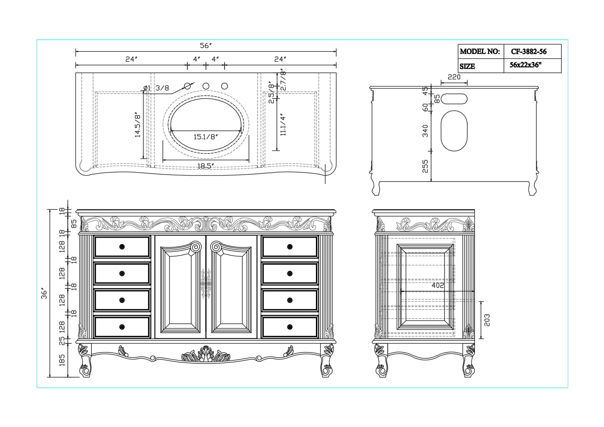 Chans Furniture CF-3882W-AW-56 56 Inch Antique White Traditional Style Single Sink Beckham Bathroom Vanity