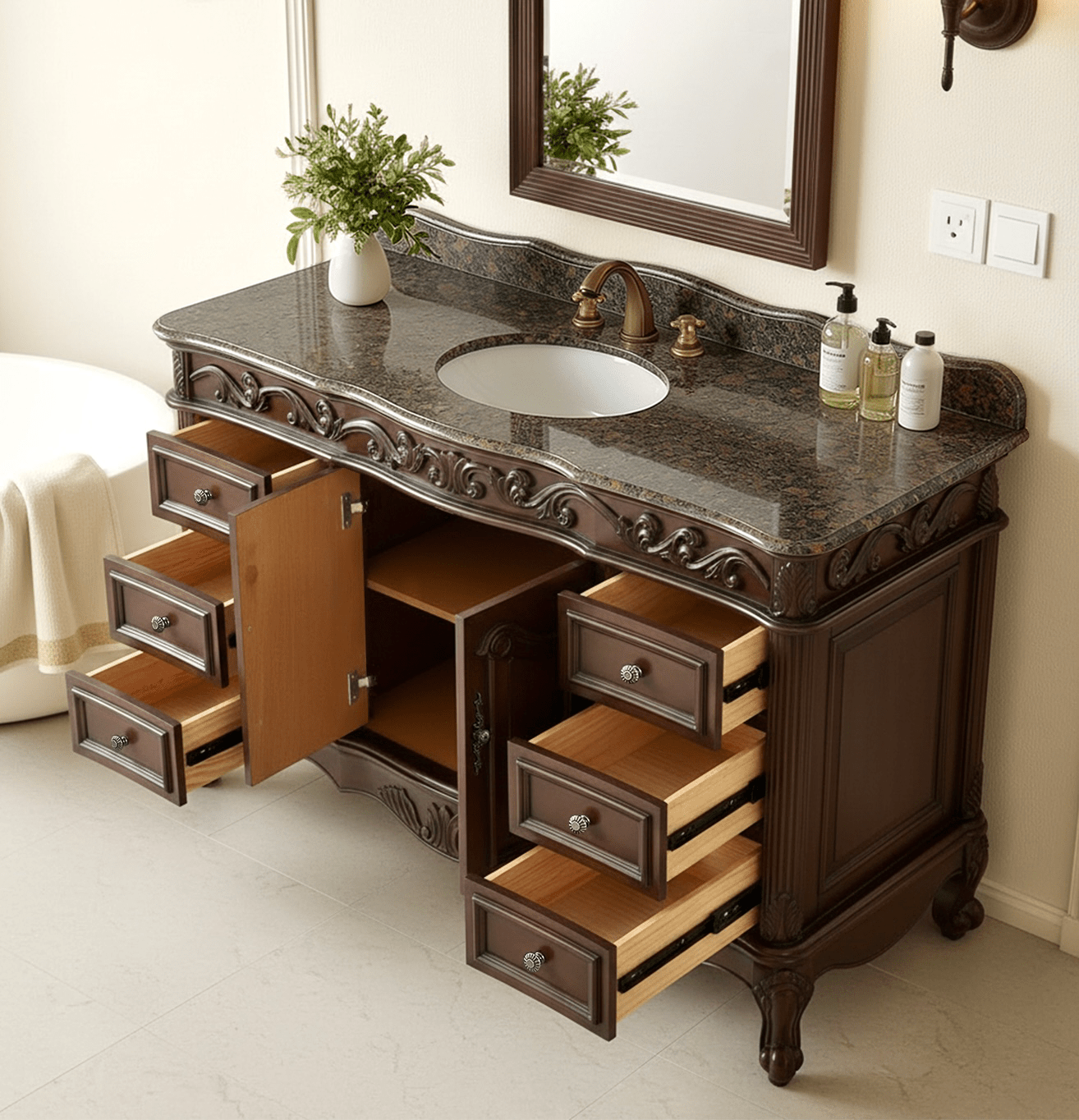 Chans Furniture CF-3882SB-TK-56 56" Traditional Style Brown Beckham Bathroom Sink Vanity With Baltic Brown Top