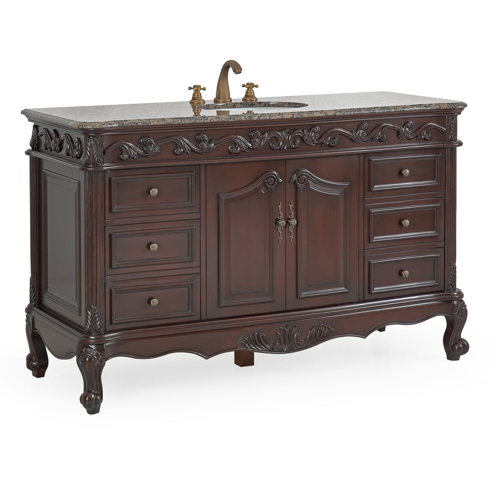 Chans Furniture CF-3882SB-TK-56 56" Traditional Style Brown Beckham Bathroom Sink Vanity With Baltic Brown Top